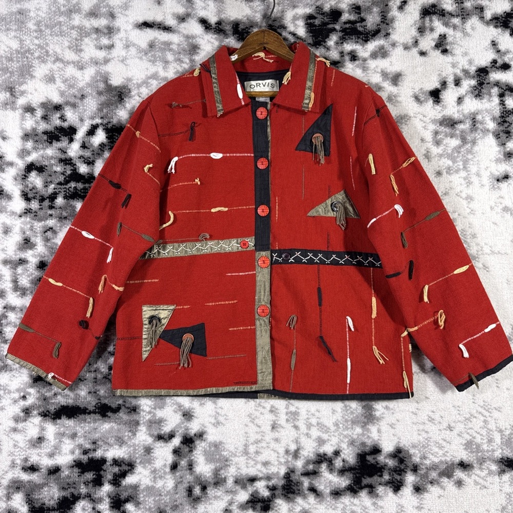 Orvis Jacket Womens Size Medium Red Knit Lined Western Big Button Abstract‎